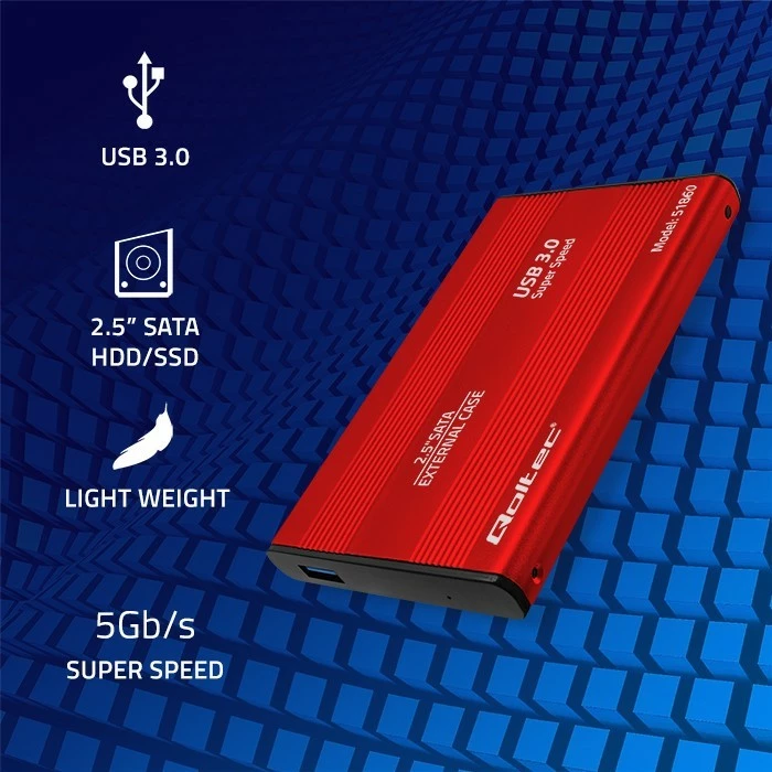 Zunanje ohišje za 2,5" HDD/SSD Qoltec, USB 3.0, rdeče