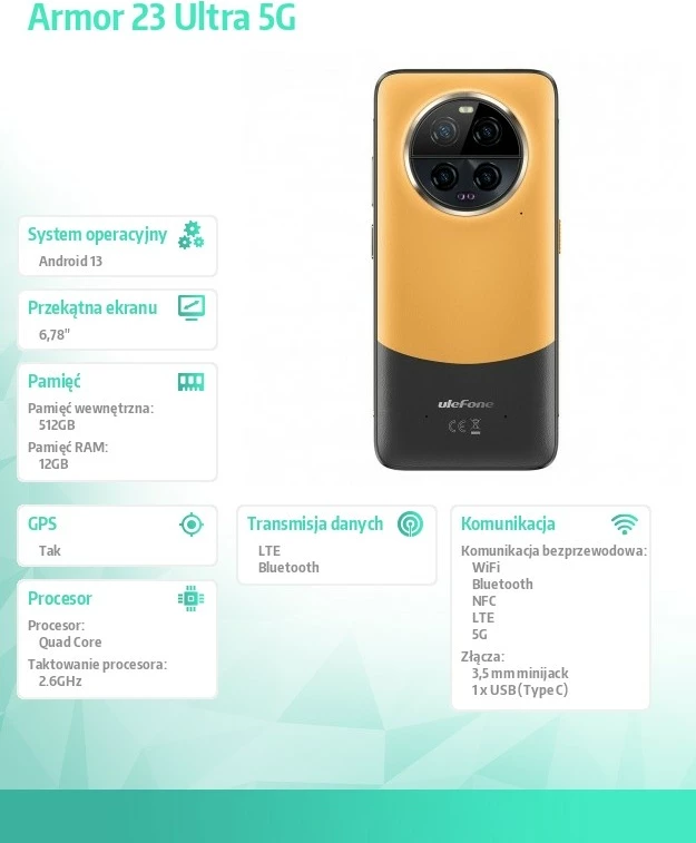 Pametni telefon Ulefone Armor 23 Ultra 5G, 12/512 GB, oranžen