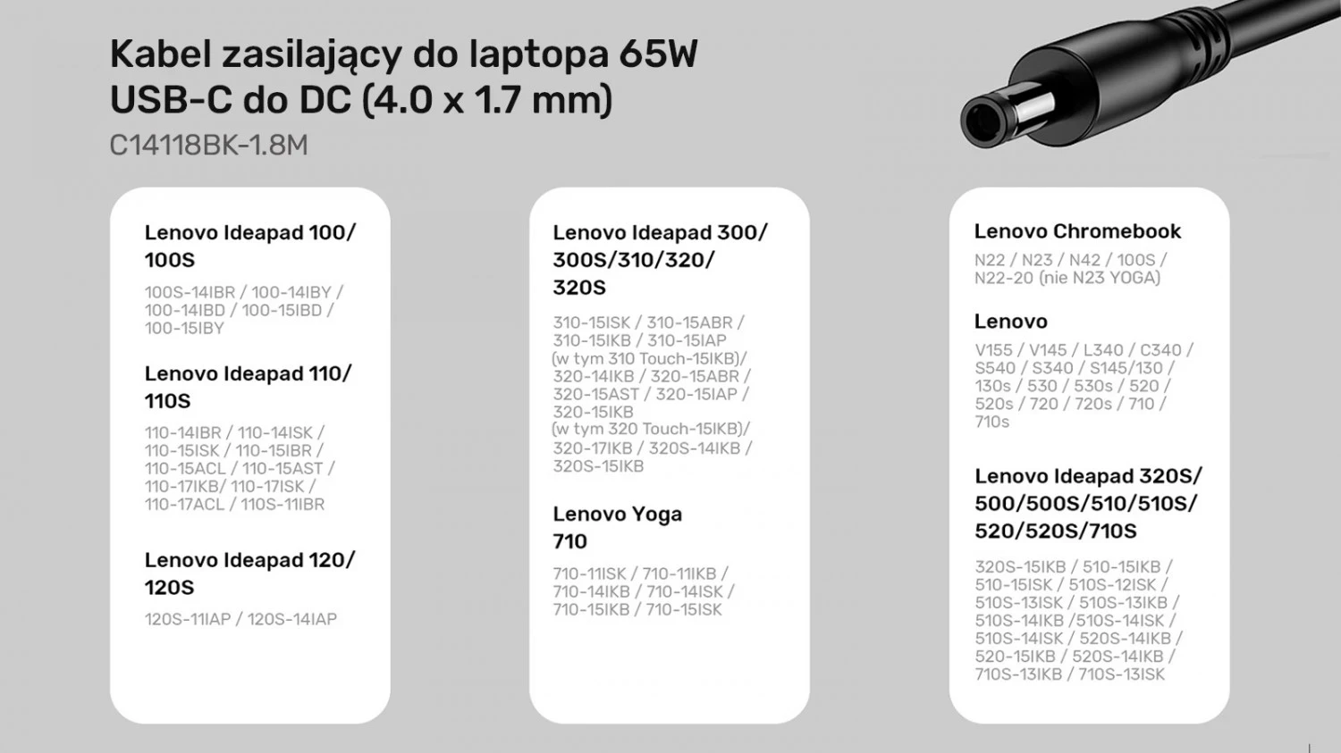 Napajalni kabel 65W USB-C na DC 4,0mm za Lenovo Unitek, črn