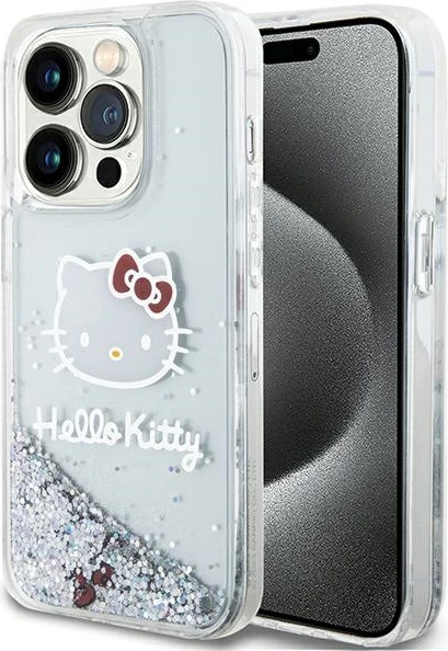 Ovitek za telefon Liquid Glitter Charms Kitty Head, Hello Kitty, za iPhone 15 Pro, srebrn