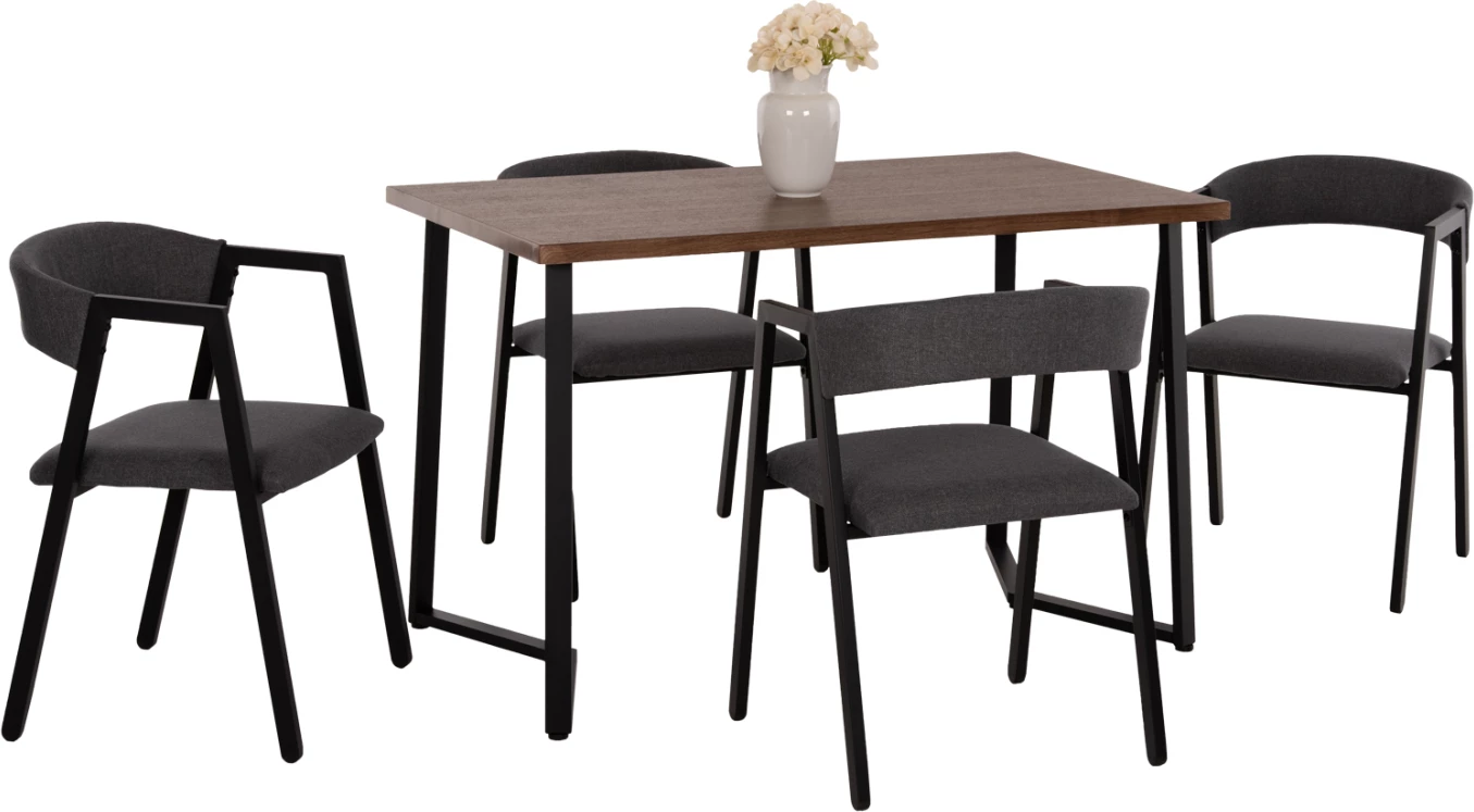 Jedilni set JAY 5 kosov FH9529.01 orehova miza-sivi tekstilni stoli 120x70x76Hcm