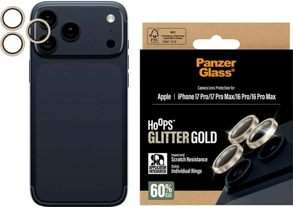 Ovitek za telefon PanzerGlass Hoops Glitter za iPhone 16 Pro/16 Pro Max/17 Pro/17 Pro Max, zlata