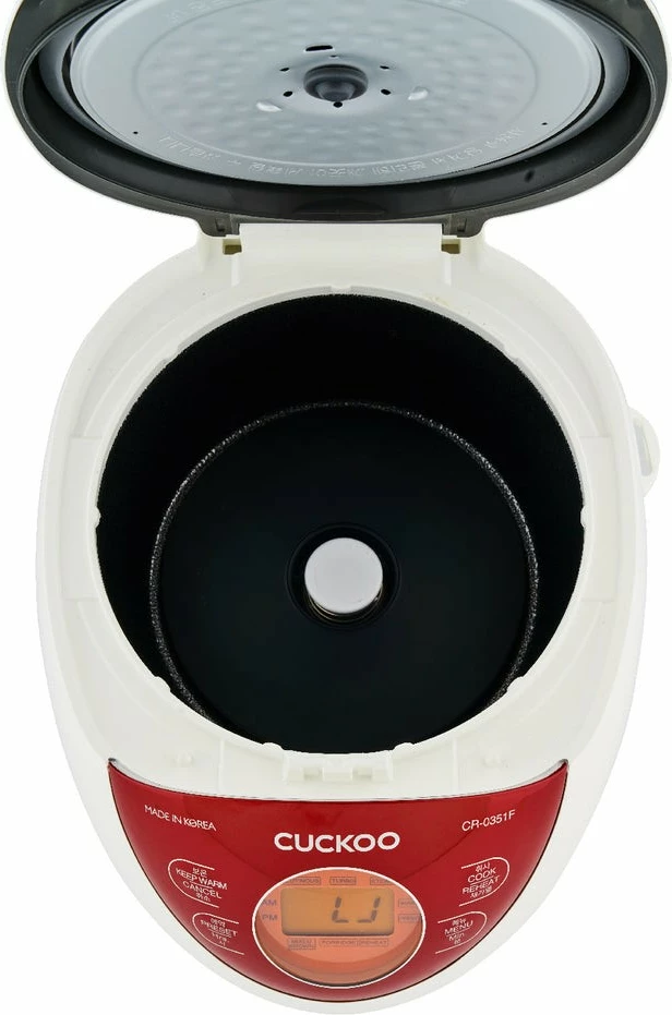 Električni kuhalnik riža Cuckoo CR-0351F, 0,54 L, LCD zaslon, rdeče/belo