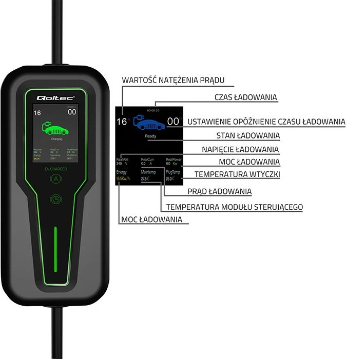 Prenosni polnilec za električne avtomobile Qoltec 52466, 7 kW, Type 2, LCD, 5 m, črno/zelen