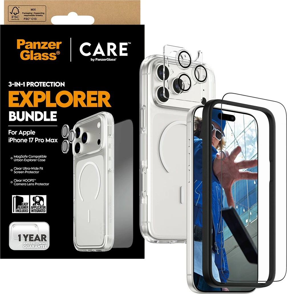 Ovitek za telefon 3-v-1 PanzerGlass CARE Flagship Explorer Bundle za iPhone 17 Pro Max, prozoren