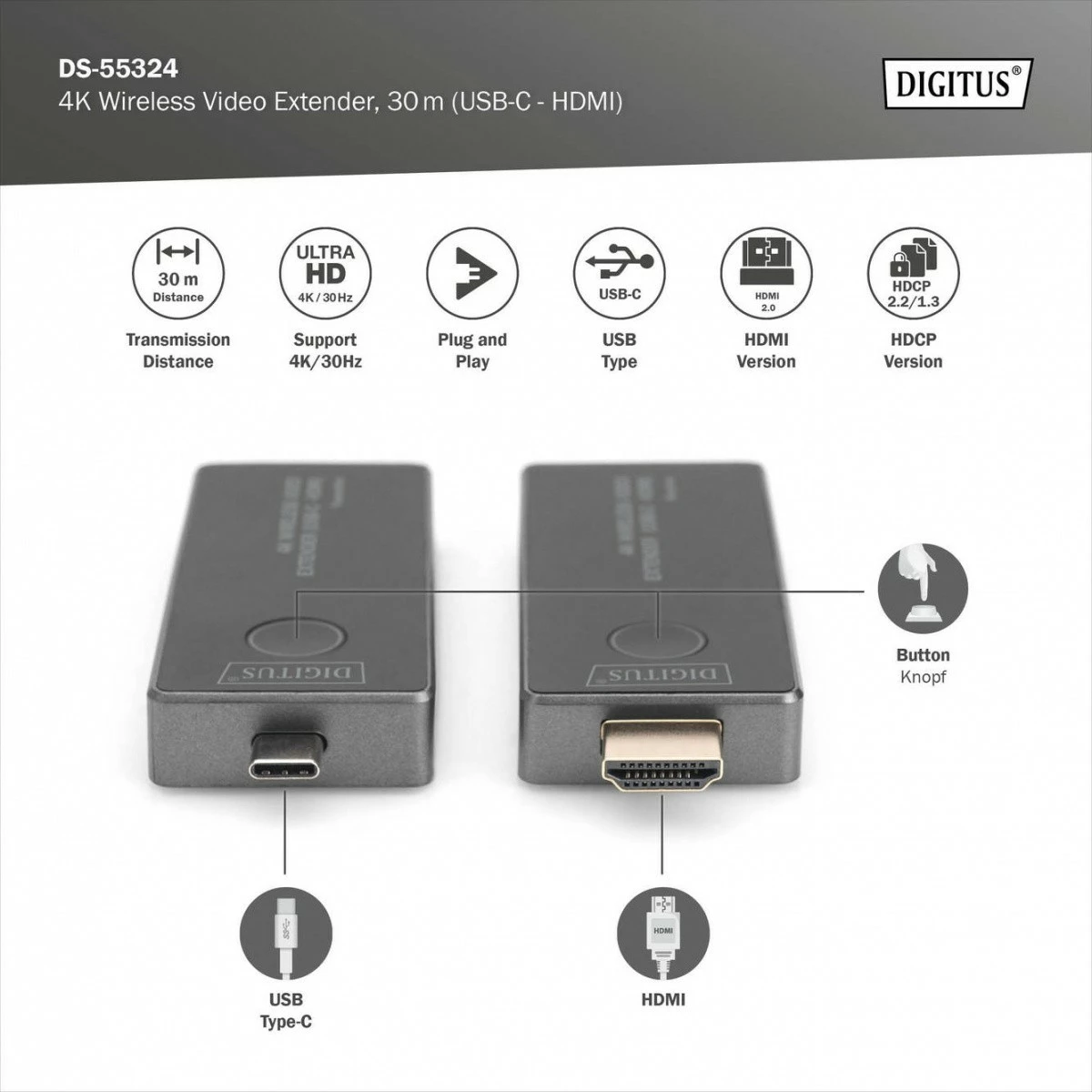 Brezžični HDMI podaljševalnik Digitus DS-55324, UHD 4K, 30 m, USB-C, črno/srebrn