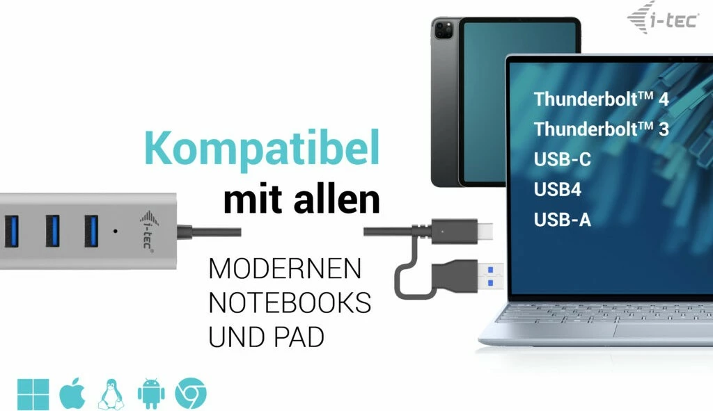 USB razdelilec I-Tec, 7 vrat USB 3.2 Gen 1, 5000 Mbit/s, kovinski, 0,3 m, siv