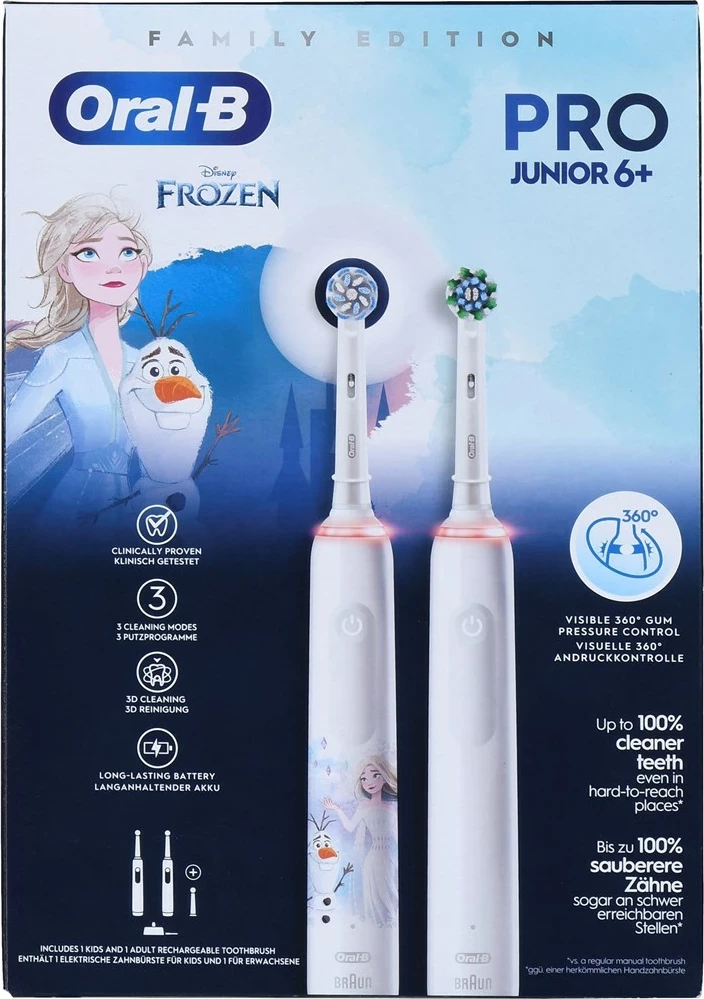 Električne zobne ščetke za odrasle in otroke Braun Oral-B Pro 3 3000 White + Oral-B Junior Frozen 6+, 2 kosa, bela