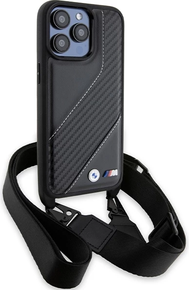 Ovitek za telefon BMW M Edition Carbon Stripe & Strap za iPhone 15 Pro, črn