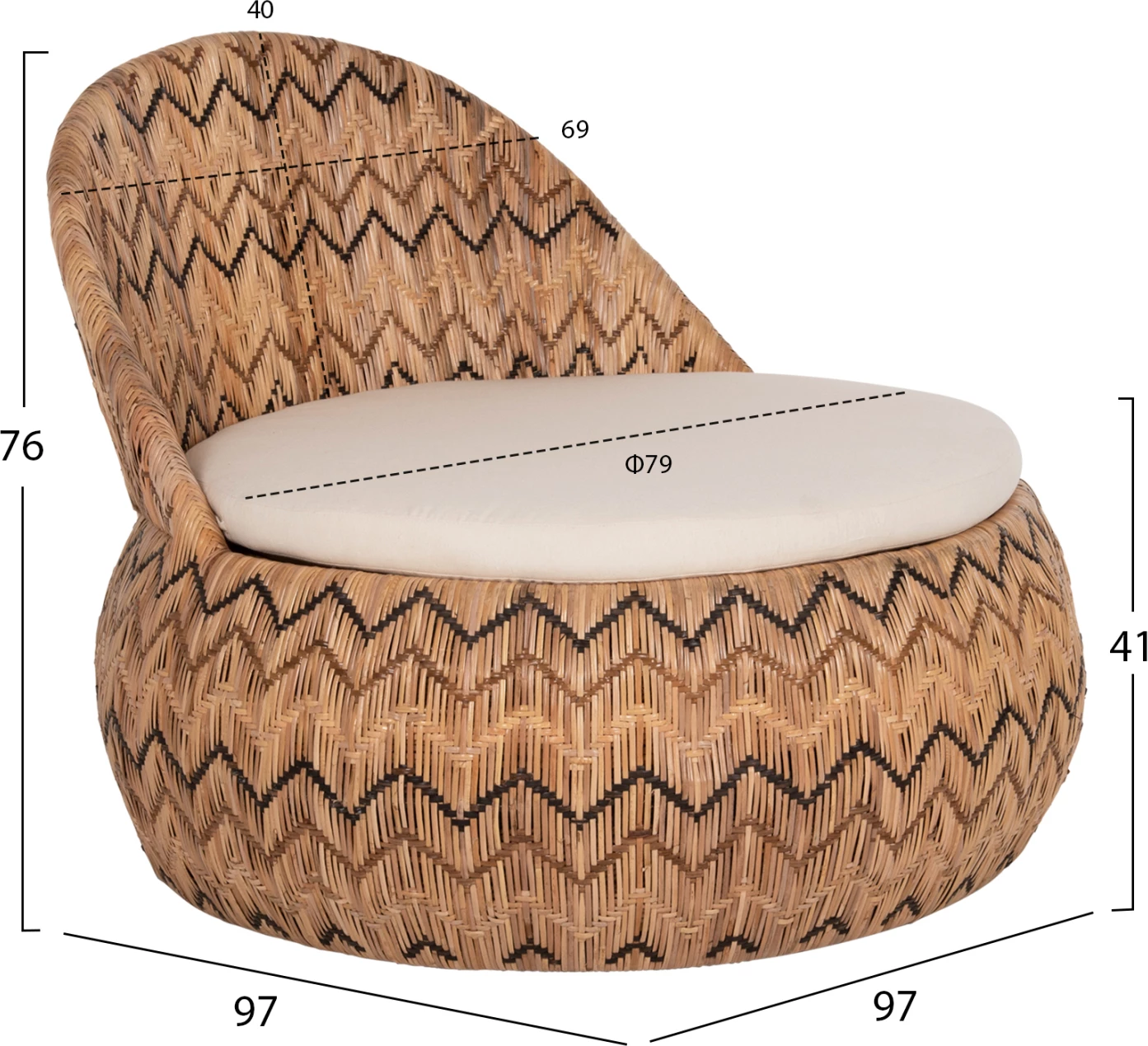 Okrogli naslanjač LADLON FH5992 iz ratana v naravni barvi - blazina v ecru 97x97x76H cm