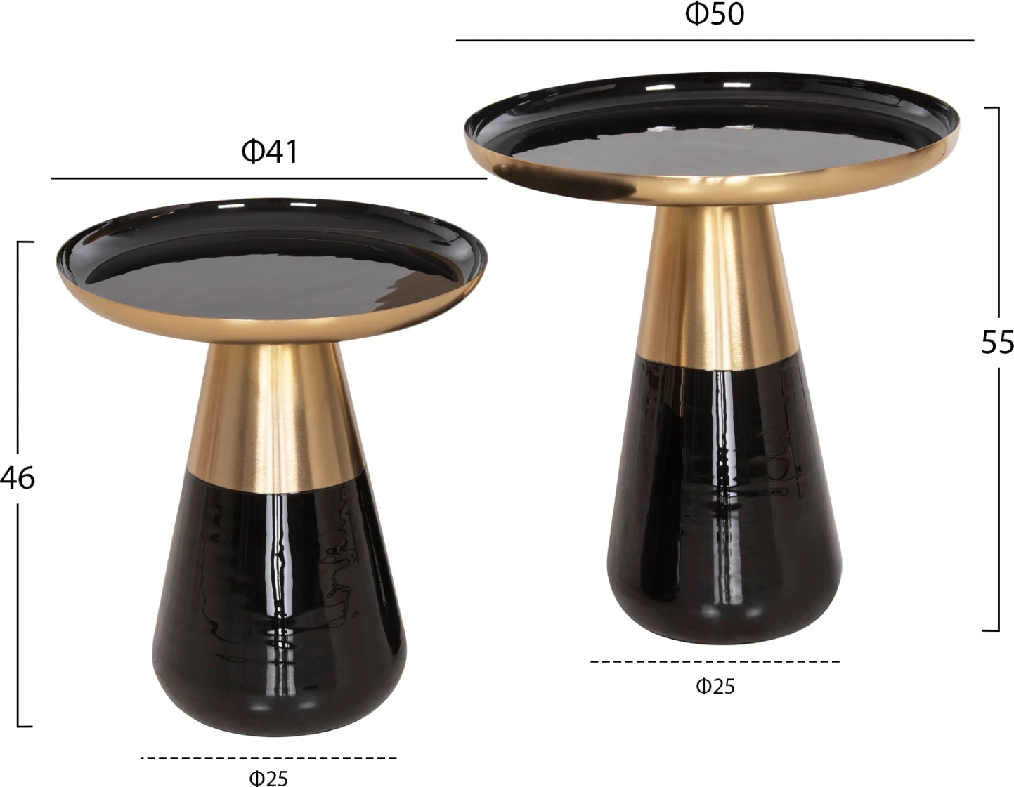 Klubske mizice 2 kosa OLUF FH9922 emajliran kovina-sijaj črna-mat zlata Φ50 & Φ41 cm