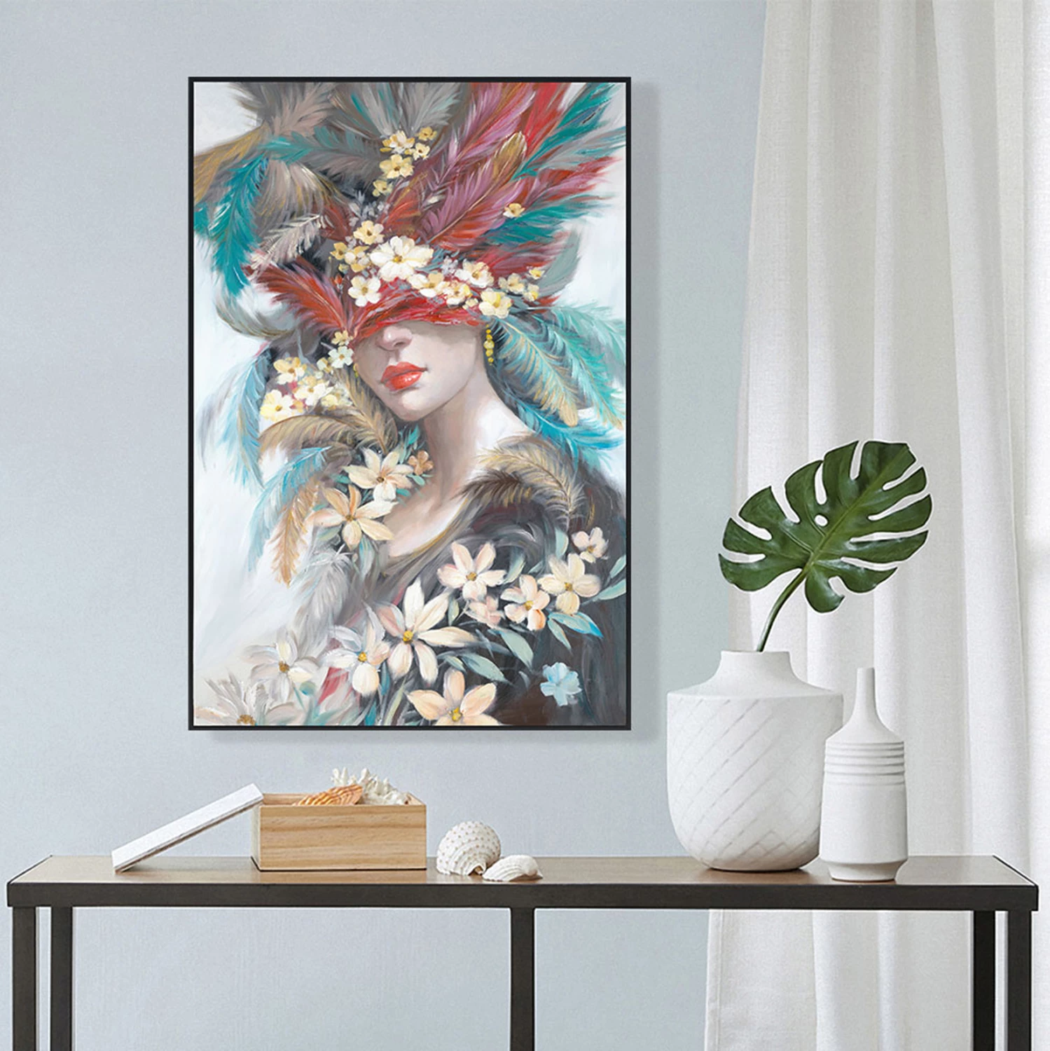 Stenska slika FH4564 črni PS okvir-natisnjeno platno obraz ženske s perjem 82x4,5x122Hcm