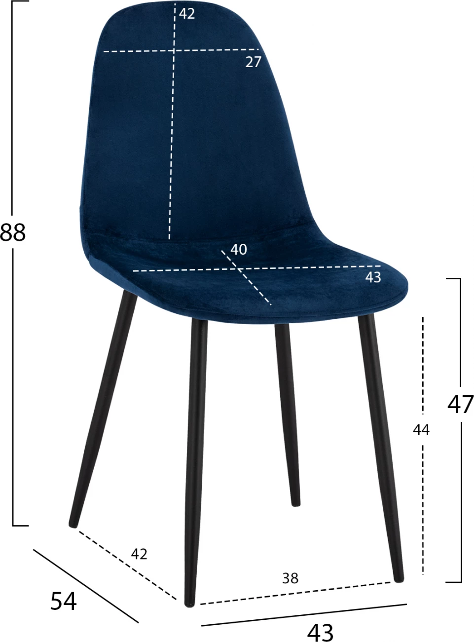 Stol Leonardo iz žameta v modri barvi s kovinskimi nogami FH00100.08 43x54x88 cm, set 4 kosov
