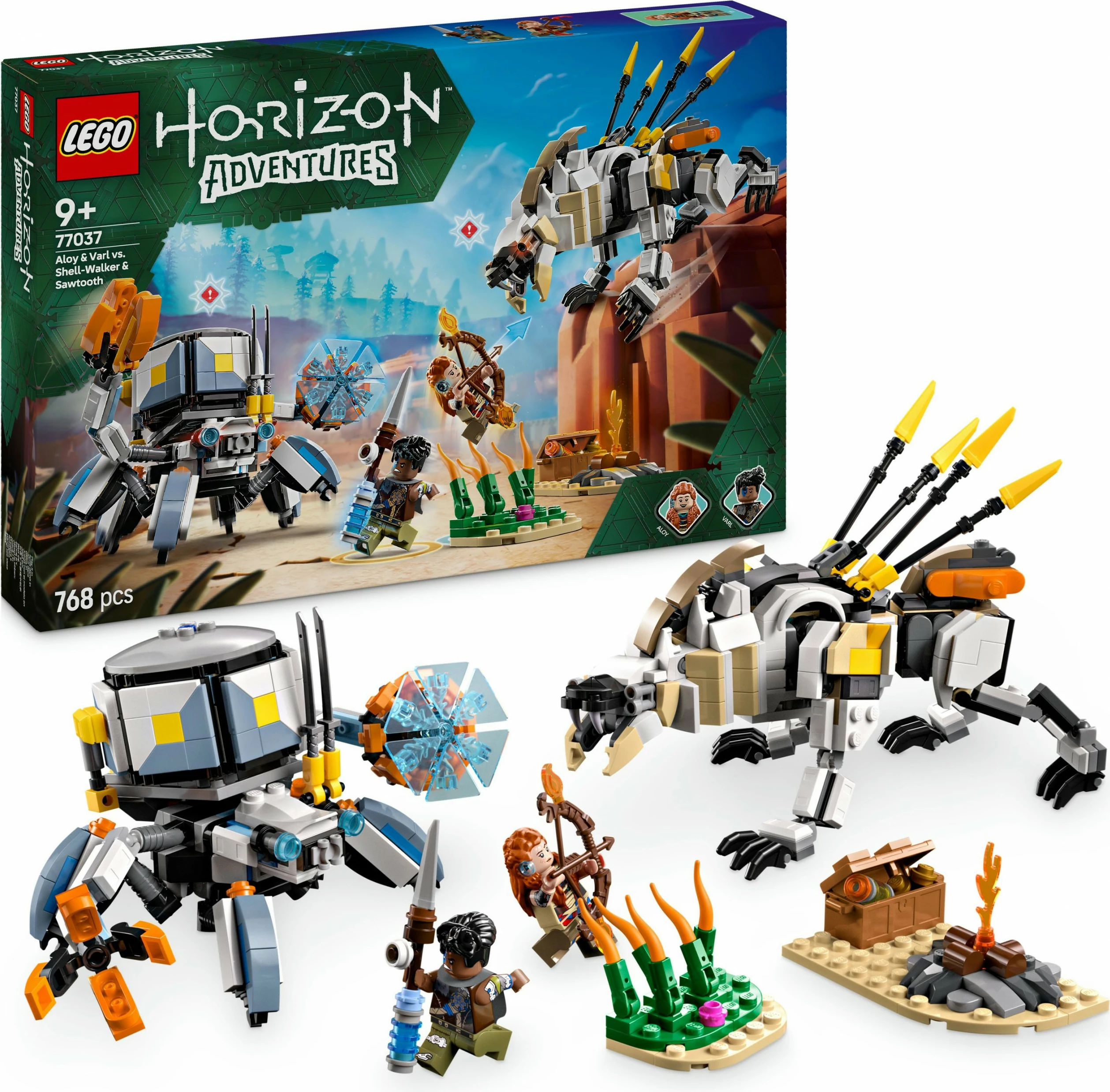 Set gradnje Horizon Adventures 77037, Aloy & Varl proti Shell-Walker & Sawtooth, 768 kosov, večbarven