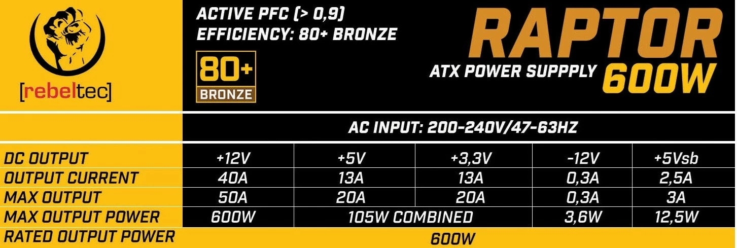 Napajalnik 600W, 80 PLUS Bronze, DC-DC, črn Rebeltec Raptor