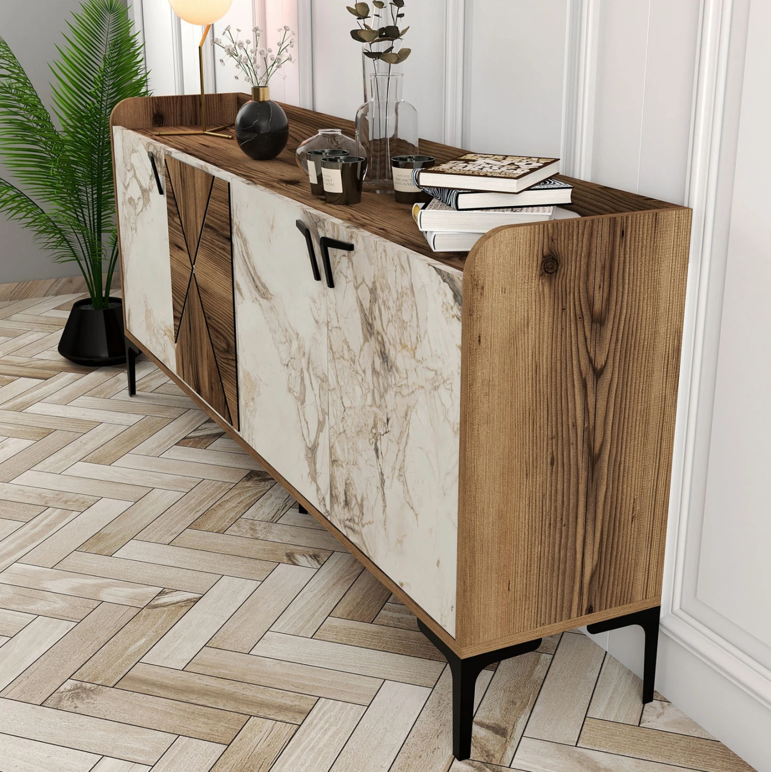 Bife melamin oreh in videz belega marmorja 180x35x78Ηcm.ΗΜ9433.02