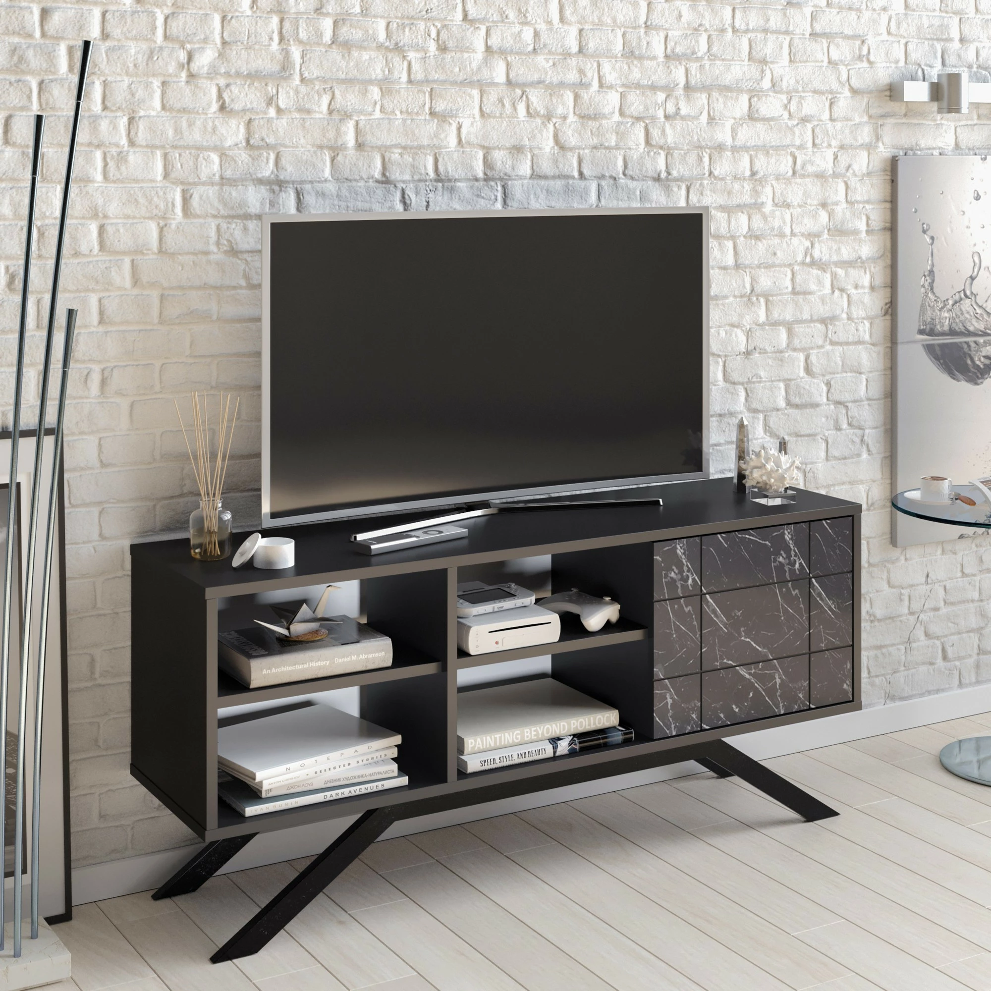 Komoda za TV, črna z marmorjem — Hanah Home