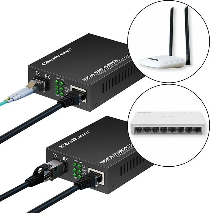 Medijski pretvornik Qoltec 52295, 1x RJ45, 1x SFP, 1000 Mb/s, črn
