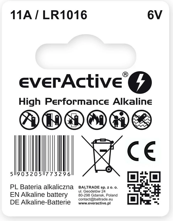 Gumbasta baterija 11A/LR1016, 6V, za daljinski upravljalnik, 1 kos, everActive