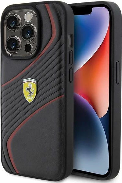Ovitek za telefon Twist z metalnim logotipom Ferrari za iPhone 15 Pro, črn