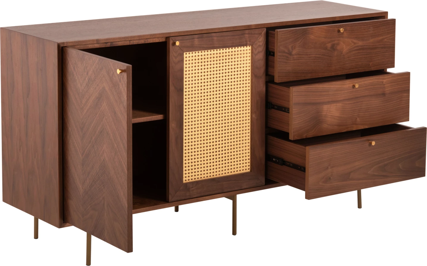 Bife MEEN FH9735 MDF z naravnim orehovim furnirjem-zlate kovinske noge 150x40x80Hcm