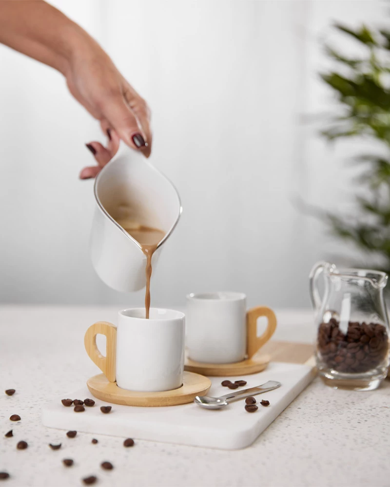 Set za espresso, 6 kosov, bel porcelan z naravnim bambusom, 29x21x7 cm