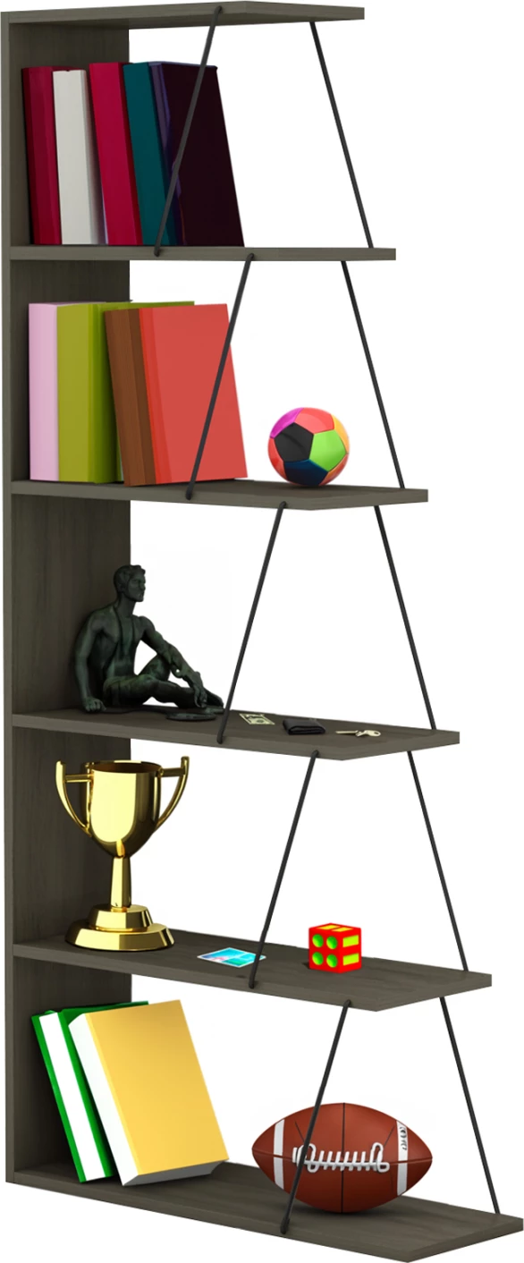 Mini knjižna omara TARS FH2241.13 iz olivno sive melamine in črnih kovinskih palic 65x22-24x146H cm