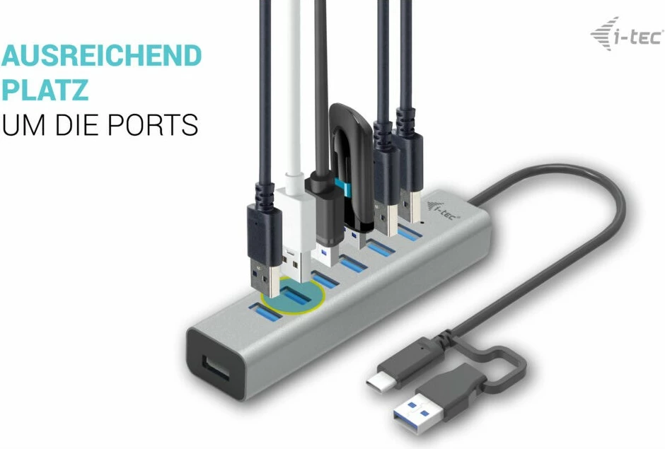 USB razdelilec I-Tec, 7 vrat USB 3.2 Gen 1, 5000 Mbit/s, kovinski, 0,3 m, siv