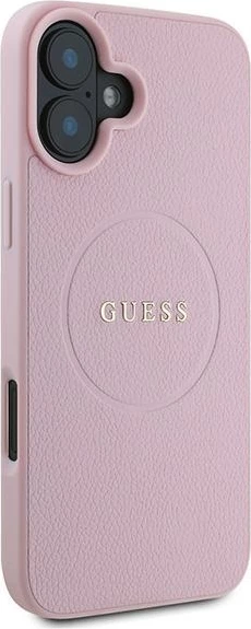 Ovitek za telefon z zrnato zlatim obročem MagSafe za iPhone 16 Plus, Guess, rožnat