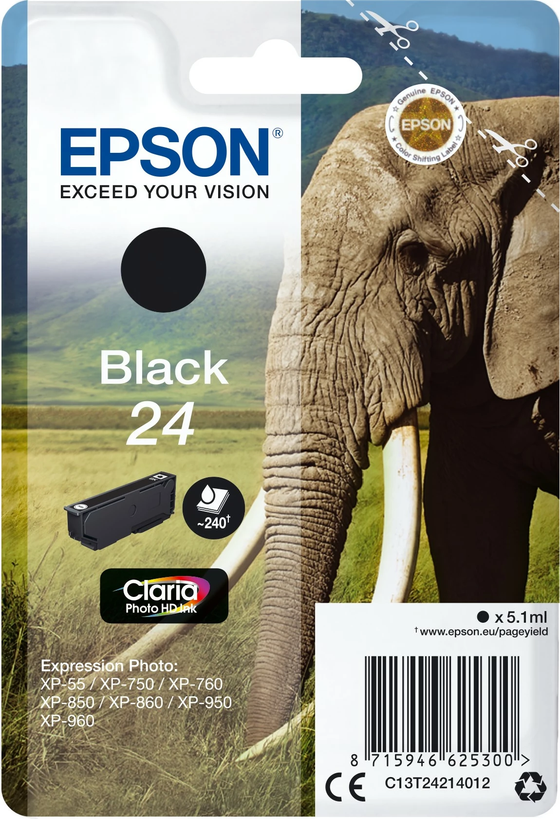 Toner črn Epson Elephant Singlepack 24 Claria Photo HD, standard, 5,1 ml