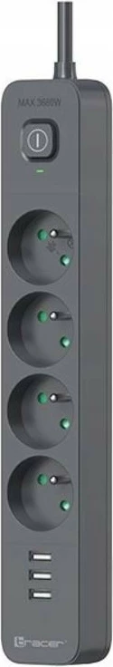 Vtičnica z zaščito Tracer Power Line+ TRALIS47027, 4 vtičnice + 3x USB A, 1,5 m, grafit