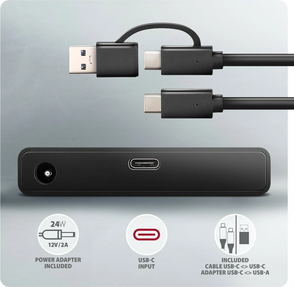 Adapter USB-C na SATA, 10Gbps, za SSD/HDD 2,5"/3,5", z napajanjem, 60 cm kabel, črno AXAGON ADSA-FPX