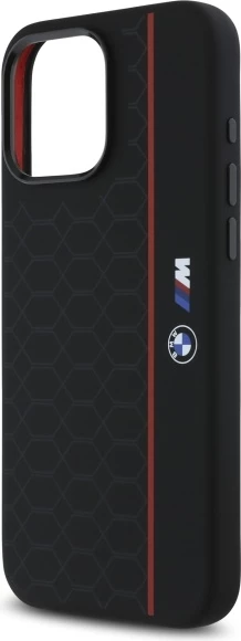 Silikonski ovitek za iPhone 16 Pro Max, šestkotni z rdečo črto, združljiv z MagSafe — BMW, črn