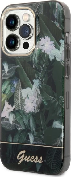Trd ovitek z rastlinskim vzorcem, Guess Jungle Collection za iPhone 14 Pro 6,1", zelen