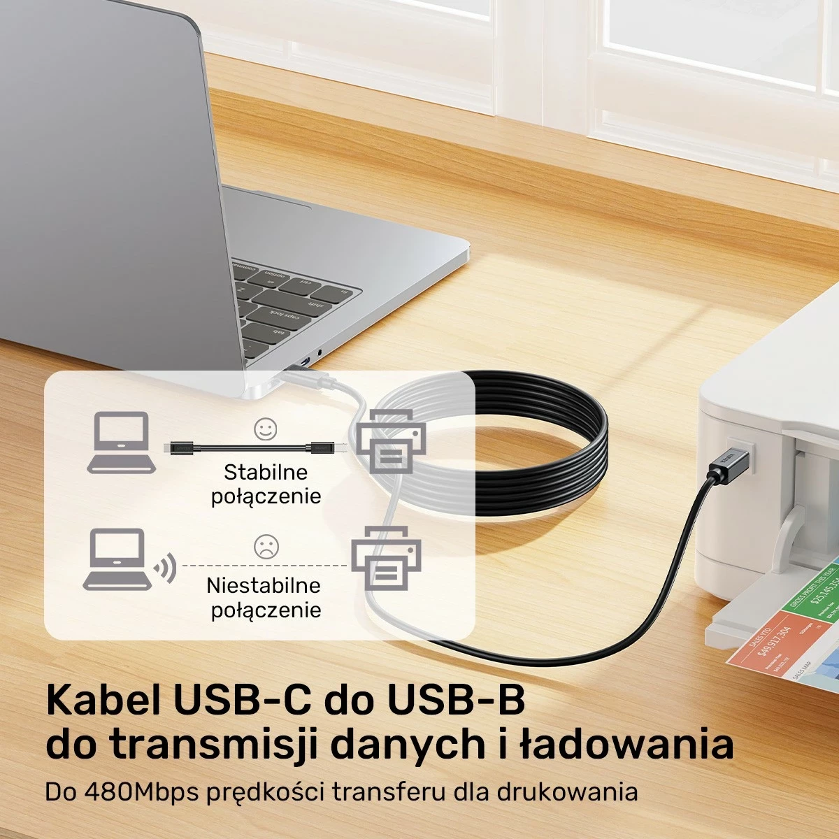 Kabel USB-C na USB-B 2.0, 5 m, črni - Unitek