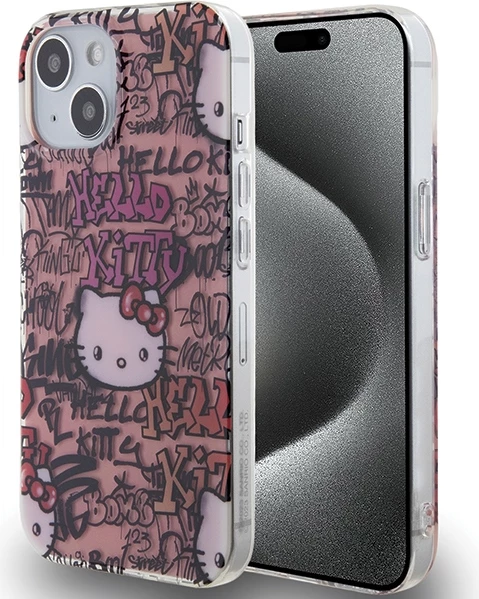 Ovitek z grafiti Hello Kitty IML za iPhone 15, rožnat