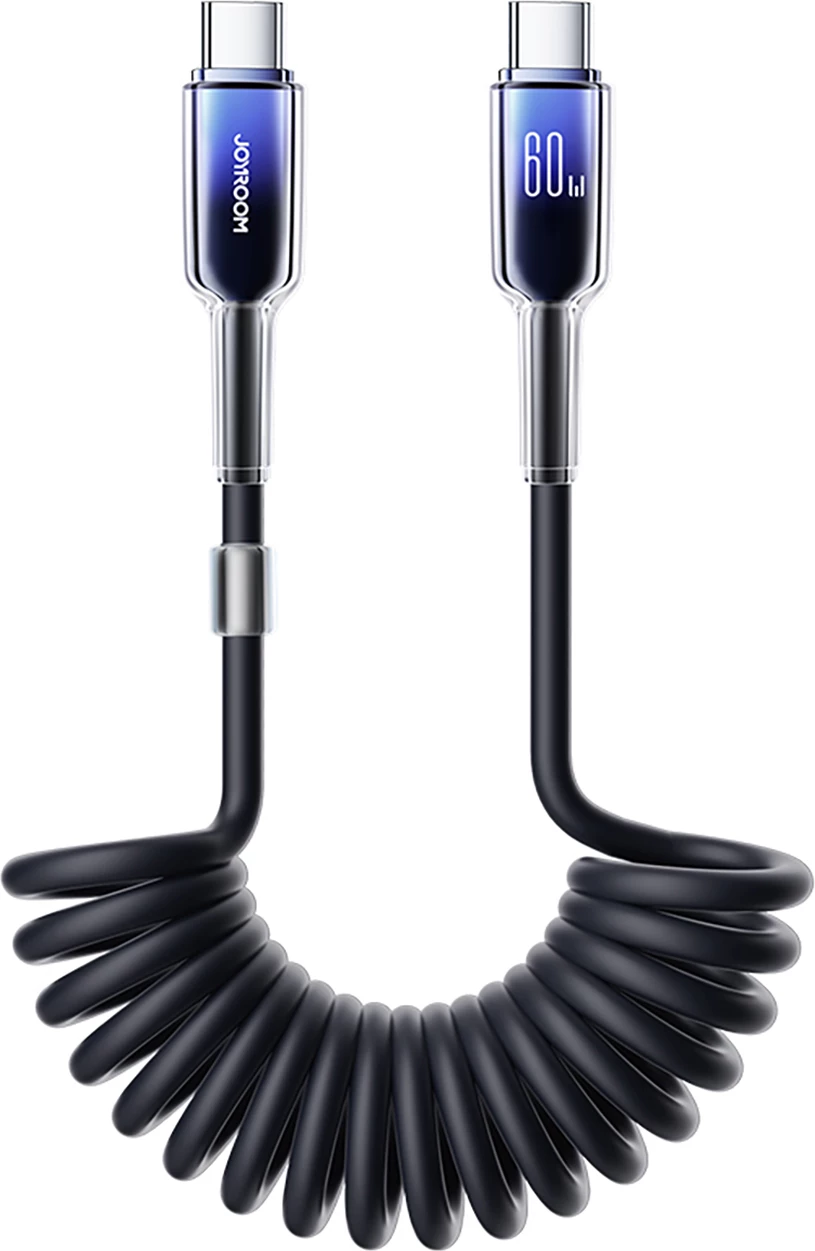 Spiralni kabel USB-C na USB-C, Joyroom S-A43 Crystal-Clear Series, 1,5 m, 60 W, črn