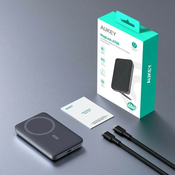 Power bank, 6700 mAh, 20 W, LED, USB-C, črn, AUKEY PB-MS01 MagSafe
