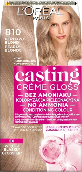 Barva za lase, brez amonijaka, L'Oreal Paris Casting Creme Gloss 810 Pearl Blonde, 1 kos