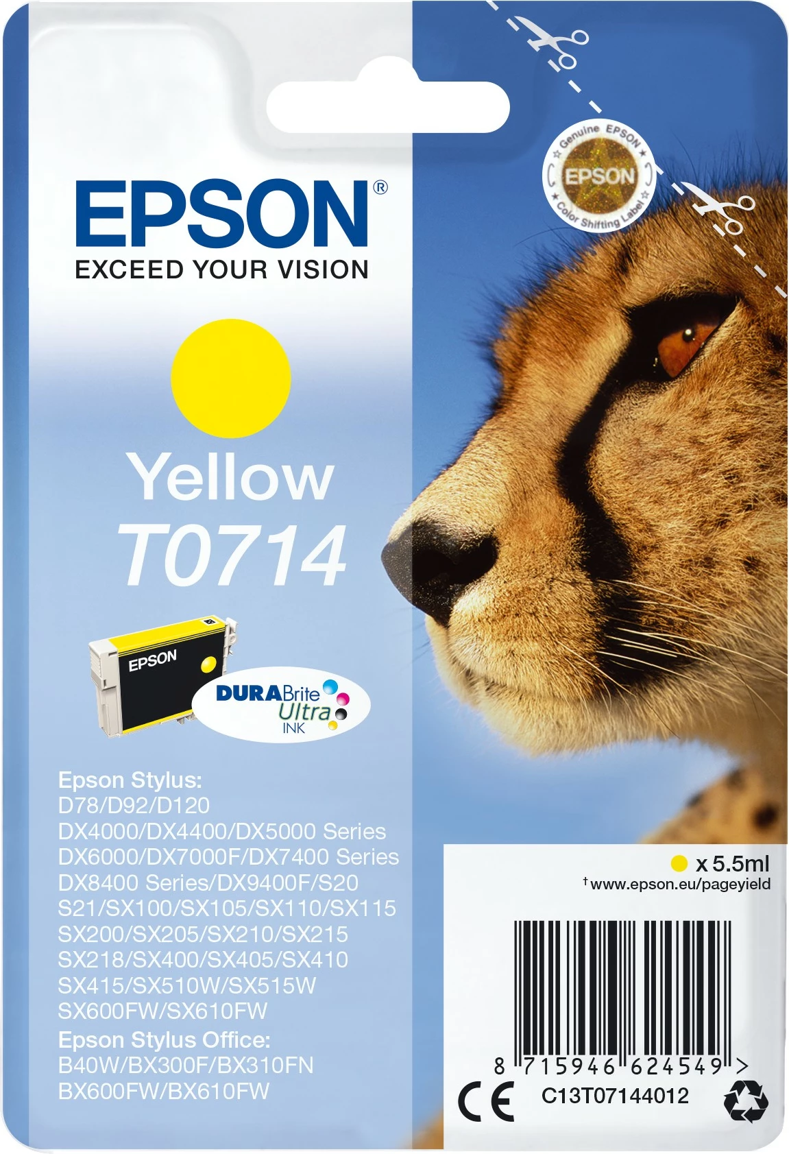 Toner za tiskalnik Epson T0714 DURABrite Ultra, rumen, standardna zmogljivost, 5.5 ml