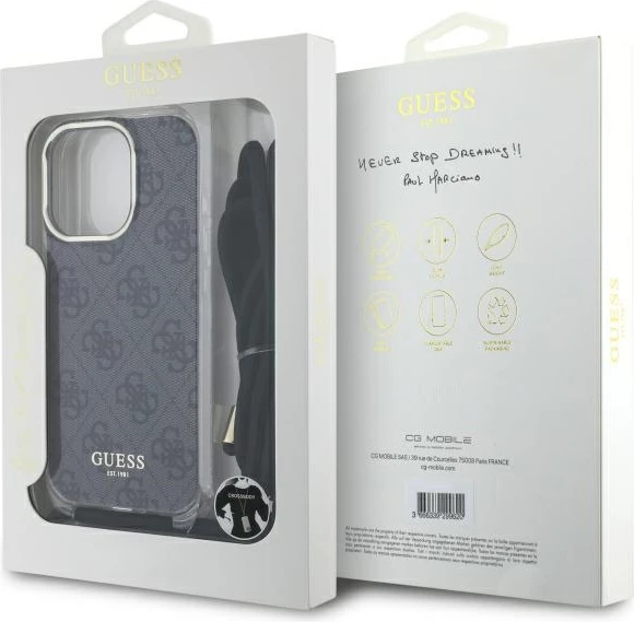 Elegantna zaščitna prevleka z crossbody trakom Guess Crossbody Cord 4G Print za iPhone 16 Pro Max, črna