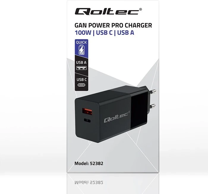 Polnilnik GaN POWER PRO Qoltec, 1x USB Type-C, 1x USB Type-A, 100 W, črn