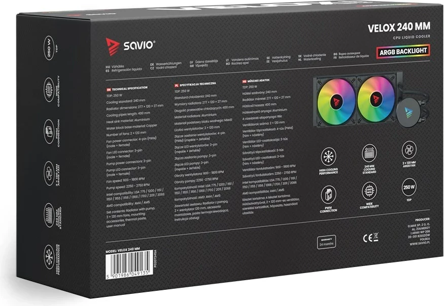 Vodna hlajenja za ohišje Savio VELOX 240MM, 2x12 cm, RGB, črno