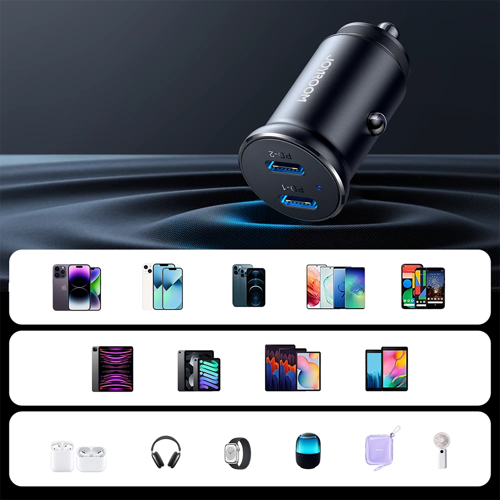 Avto polnilec, Joyroom JR-CCN06, 2x USB-C, 30W, kovina, črn