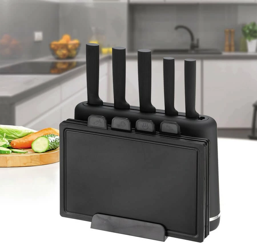 Komplet nožev z magnetnim držalom in deskami za rezanje, Feel-Maestro MR-1412-BLACK, 10-delni, magnetni blok + podstavek za deske, primeren za pomivalni stroj, črn