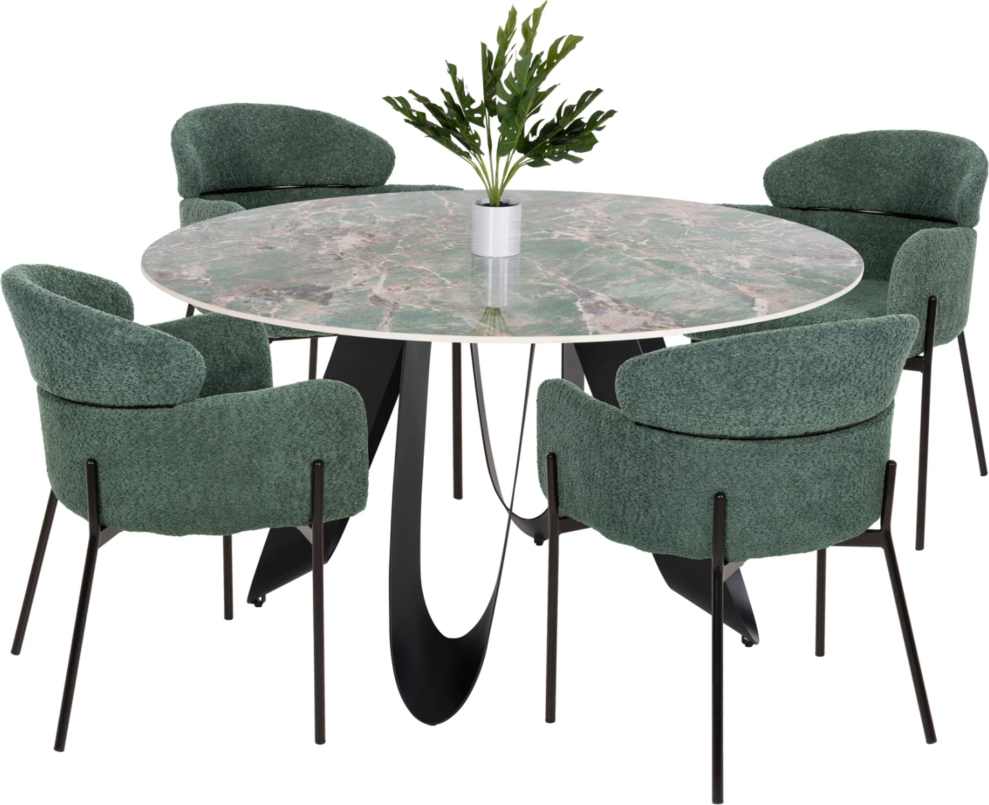 Notranji jedilni set 5 kosov ZOD FH21045 okrogla miza s keramično ploščo-4 naslanjači v petrol zeleni