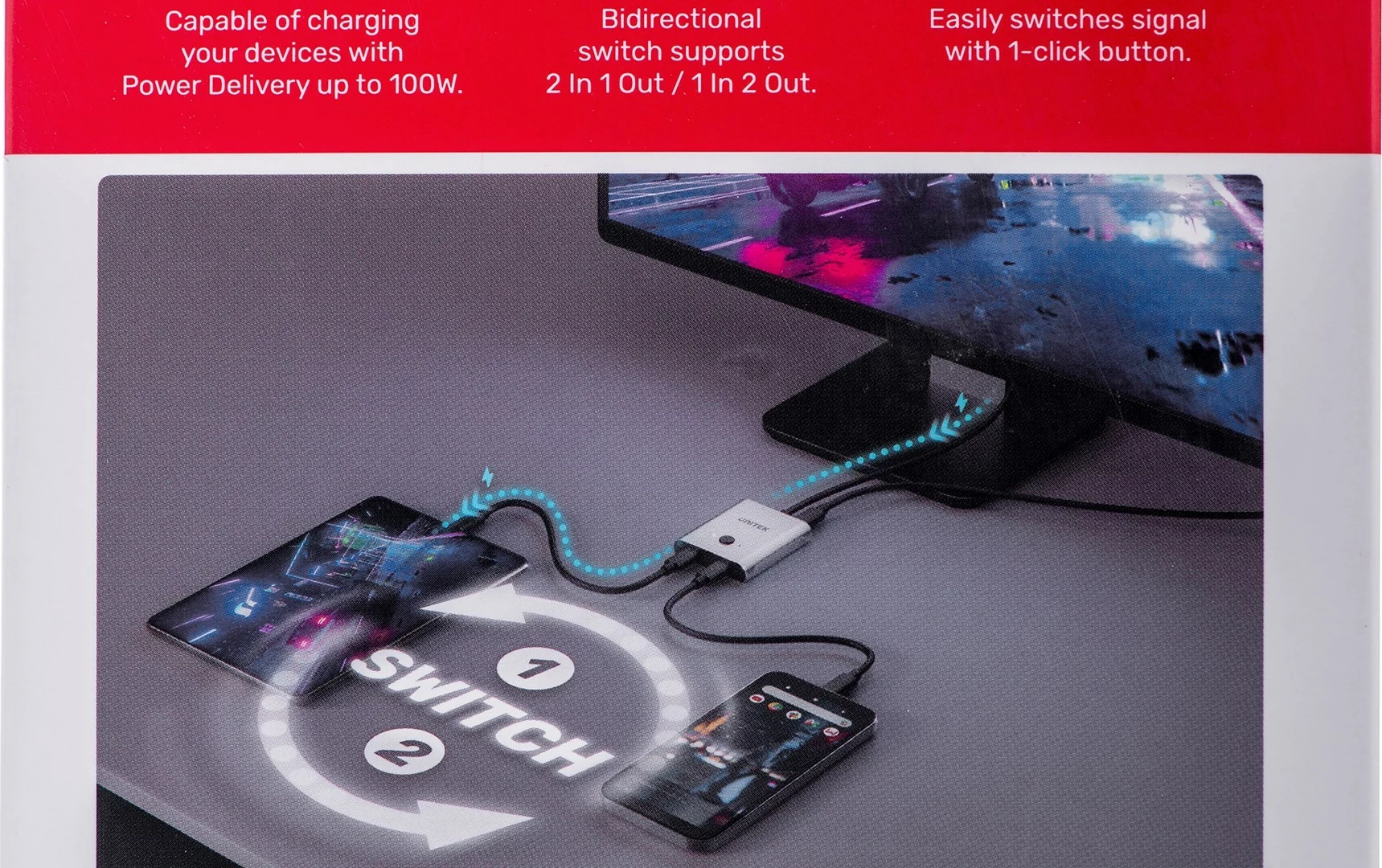 Dvosmerni USB-C preklopnik UNITEK 2 v 1, 4K, črn