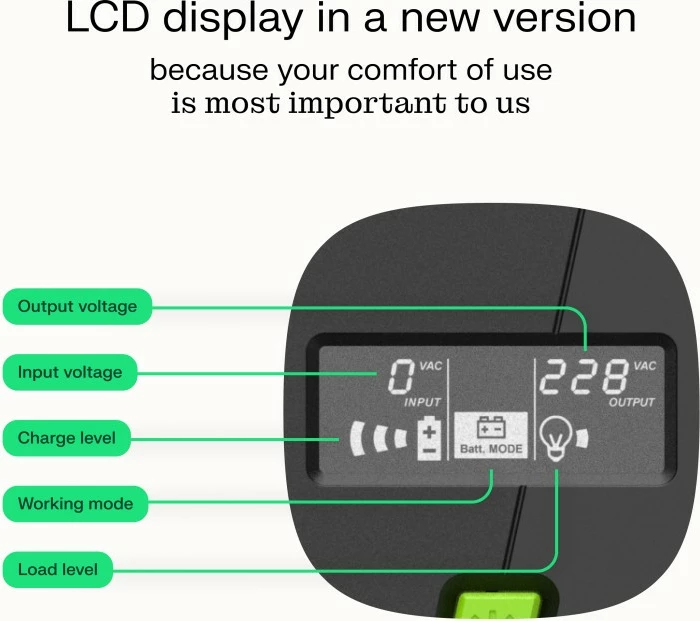 Neprekinjeno napajanje Green Cell UPSLM1200, 1200W/2000VA, stolp, LCD zaslon, črn