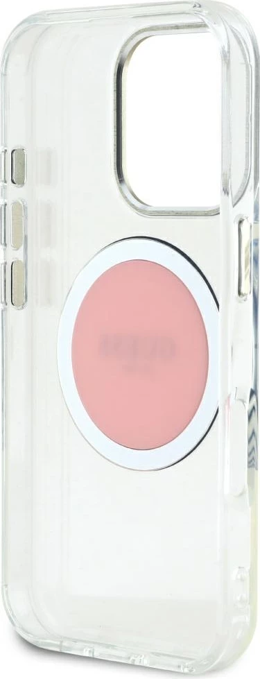 Zaščitni ovitek z barvnim kovinskim krogom in klasičnim logotipom Guess MagSafe za iPhone 16 Pro Max, roza
