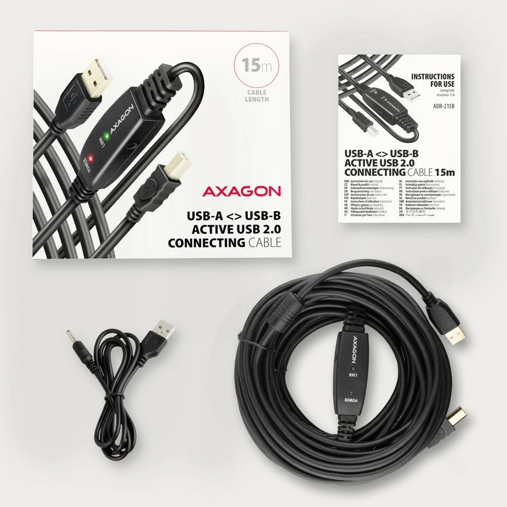 Aktivni USB 2.0 kabel, AXAGON ADR-215B, 15 m, črn